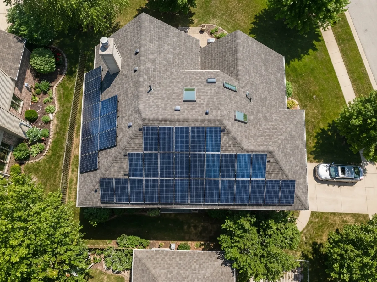Aerial view of a rooftop with solar panels