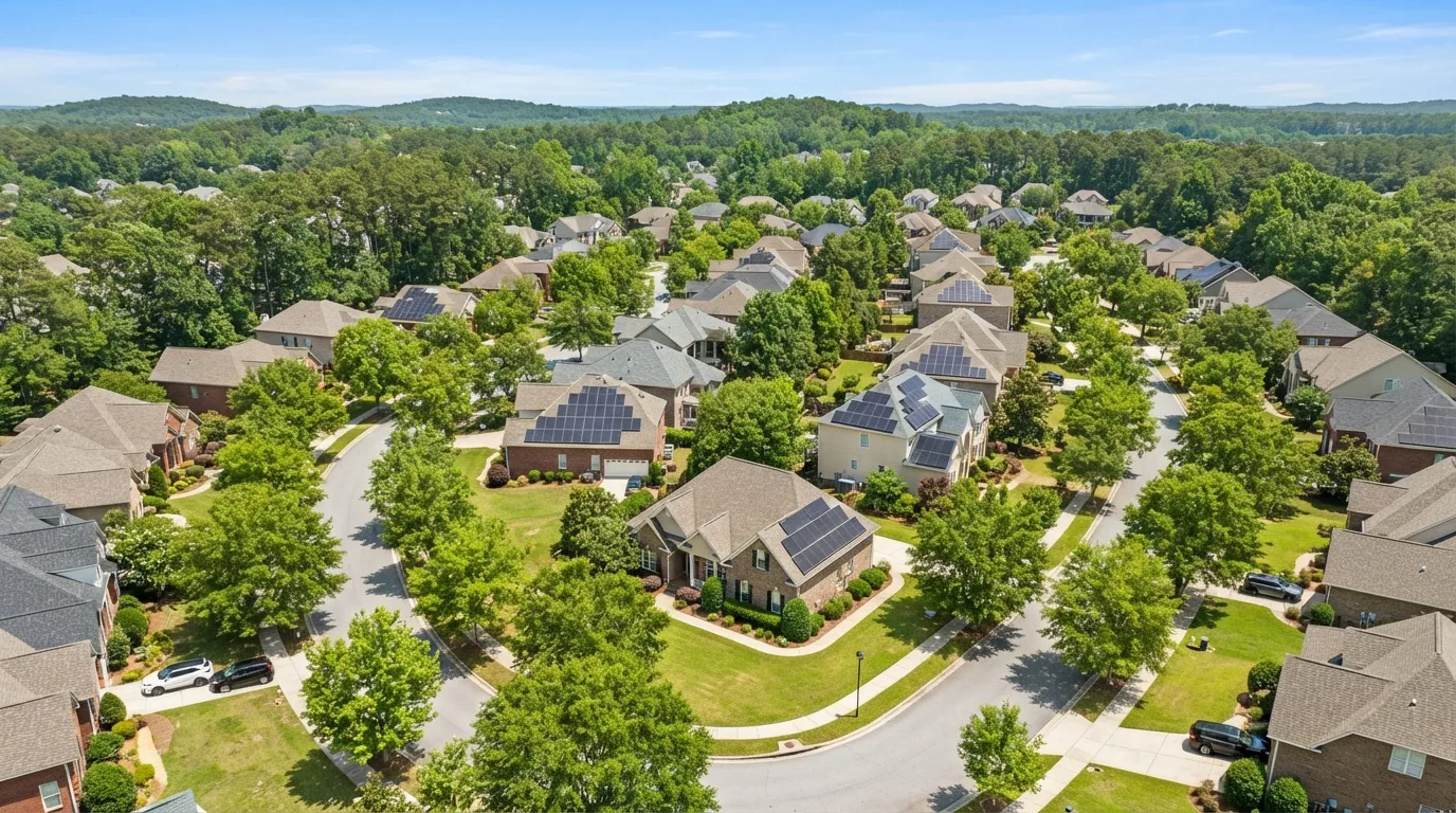 Aerial view of a sunny residential neighborhood